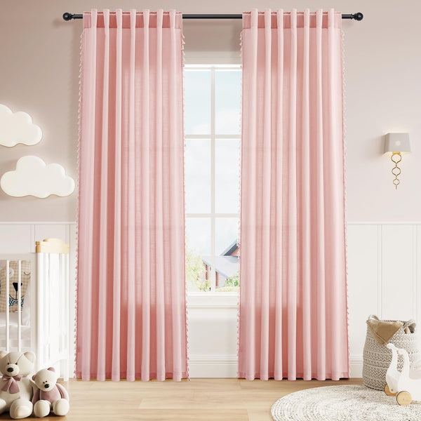 Pink Boho Linen Curtains for Girls Bedroom Nursery Room 84 Inches Long