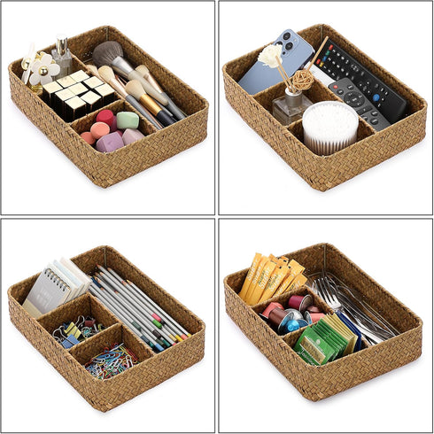 BTSKY Desk Drawer Organizer Tray, Handwoven Seagrass Storage Basket with 4 Divided Sections for Coffee