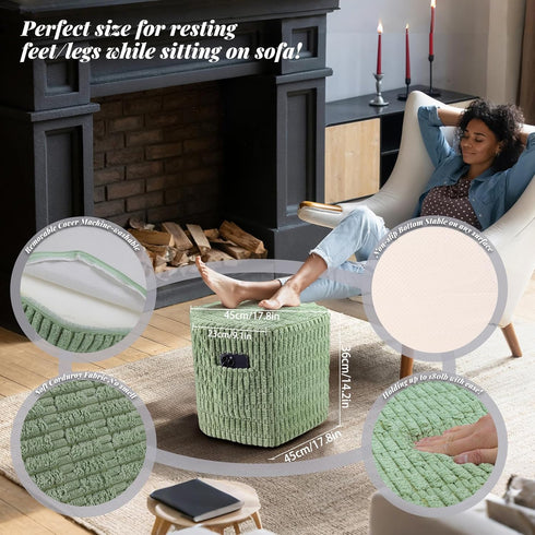2 Hexagon Pouf Ottoman Stuffed with Pockets & Handle, Comfort Corduroy Poufs, Non-Slip Foot Stool Storage Ottoman, Foam
