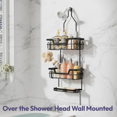 3 16 SWTYMIKI Bathroom Shower Caddy Hanging - Tier Rustproof Over Shower Head Organizer, No Drilling Bathroom Shelf