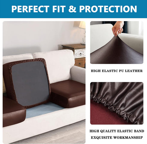 Faux Leather Waterproof Couch Cushion Covers, Elastic Sofa Slipcovers for Living Room, Chocolate (Chair Cushion)