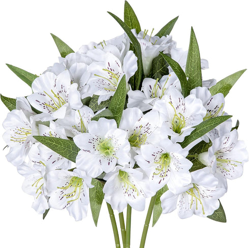 Alstroemeria Artificial Flowers, 18 Long Stems Faux Bouquet Silk Petals for Wedding Decoration, 4pcs (White)