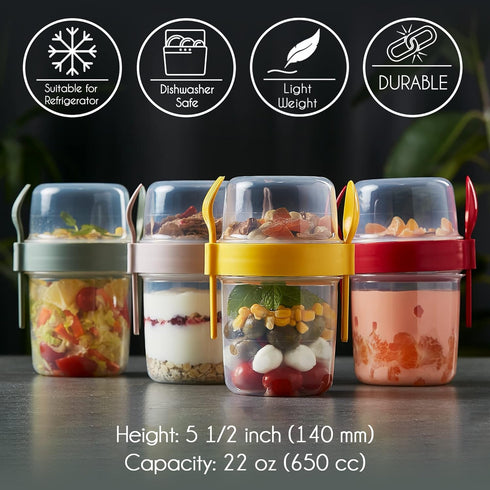 4 Pack 22 oz Crystalia On The Go Yogurt Parfait Cups with Lids & Spoon, Large Breakfast Plastic Bowls with Topping