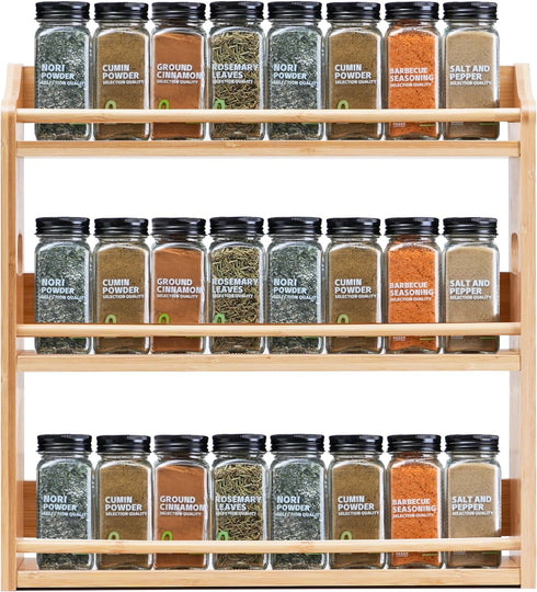 Bamboo Spice Rack Organizer, 3 Tier Spice Jars Storage Rack with Handles,