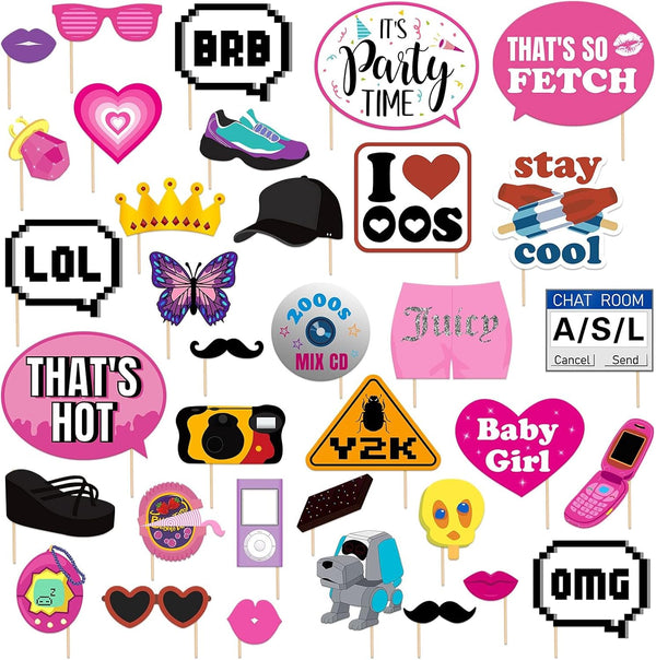35Pcs 2000s Party Photo Booth Props, Vintage Retro Y2K Theme Birthday Party Decorations