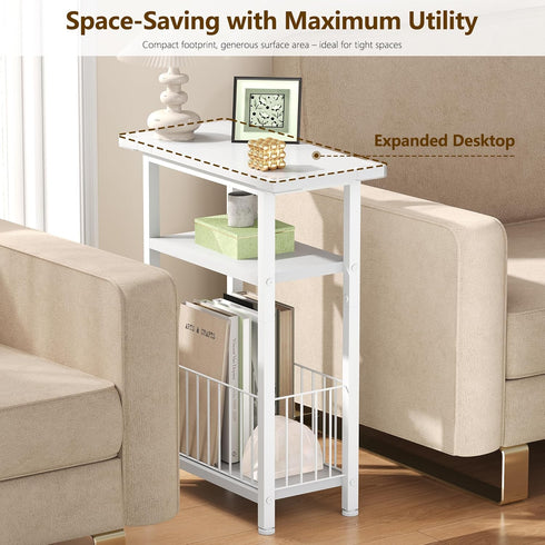 25.2" HET004WT1 Heybly Small Narrow Side Table for Small Space, Thin Bedside Table with Storage Basket, Skinny End