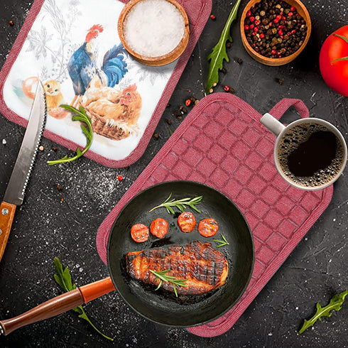 Pot Holders Set of 3 - Silicone Non Slip Heat Resistant Hot Pads, Cotton BBQ Grilling, Red Potholders