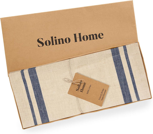 36 Inches 100% 14 36 Inch Solino Home Linen Striped Table Runner - Pure Linen Navy and Natural French Stripe Small