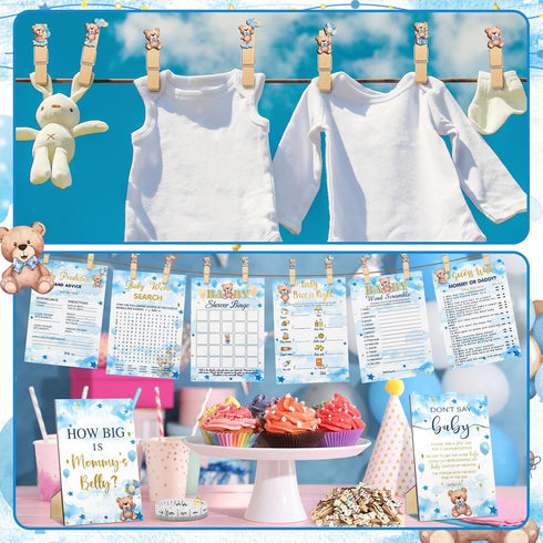 Funnymoom 426 Set-8 Mommy's Pcs Blue Theme Bear Baby Shower Decorations Games Games Includes Bearly Wait Baby Shower