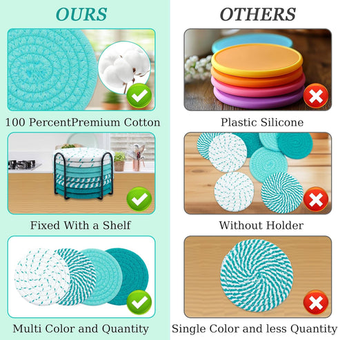 MIAOMIAO 8 Set, 4 4.3 Inches Pcs Drink Coasters with Holder, Minimalist Cotton Woven Coaster Colors Absorbent Coaster