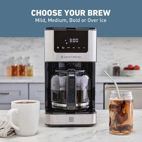 Programmable 6 12-Cup, West Bend Drip Coffee Maker Brews Hot or Iced, with Brew Strength Selector Auto Shut-Off