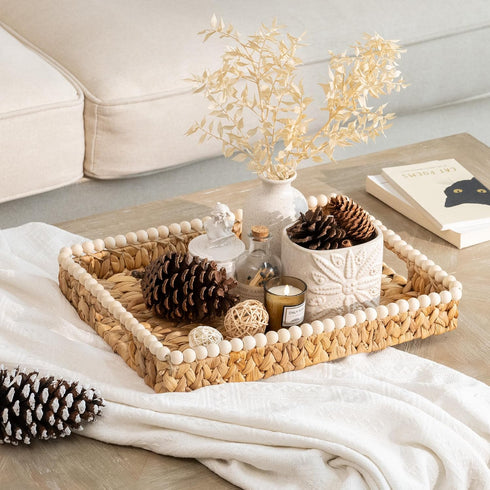 Counter, StorageWorks Rectangle Decorative Trays for Home Decor Farmhouse, Wicker Coffee Table Tray Decor with Wooden