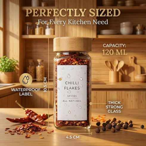 360 -24 4oz- Glass Spice Jars with Labels pcs- Spice Containers with Bamboo Lids -Shaker Lids- Pepper Grinder-Spice