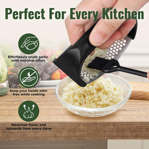 Pomyter Garlic Press Rocker, Stainless Steel Garlic Mincer and Garlic Crusher, Easy-Squeeze Garlic Tool with Peeler