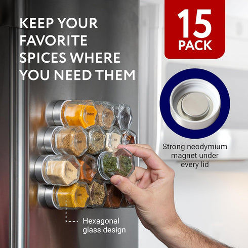 Pack 15-1.74 Oz IMPRESA Hexagon Magnetic Spice Jars - of Strong Magnetic Seasoning Containers - Space-Saving Honeycomb