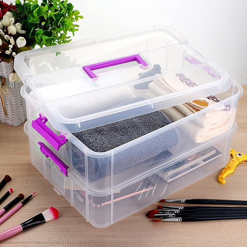 JUXYES 2-Tiers Stack Carry Storage Box, Transparent Stackable Storage Bin with Handle for School Office