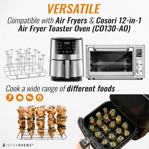 INFRAOVENS Air Fryer Rack for Cosori 12-in-1 Air Fryer Toaster Oven Combo with Rotisserie, 32qt Stainless Steel Accessories for CO130-AO Airfryer Skewer Stand and Rib BBQ Rack with Silicone Liner by INFRAOVENS