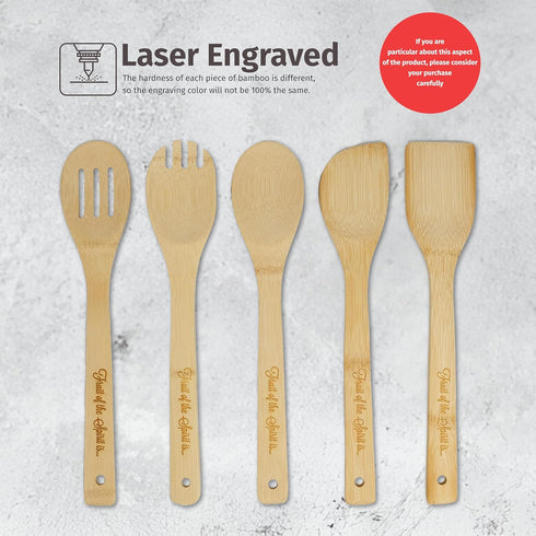 PrintSupremacy Custom Engraved Bamboo Cooking Spoons Set, Non-Stick Wooden Kitchen Gadget, 5 Pieces for Baking Gift