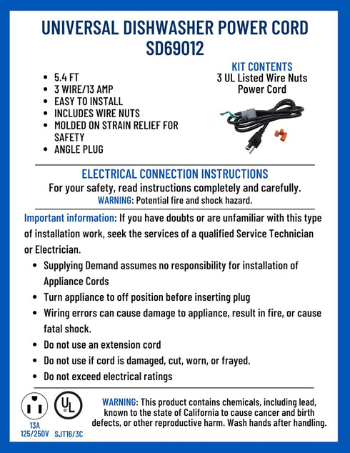 Supplying Demand 69012 WX09X70910 Dishwasher 64 Inch 3 Wire Angled Electrical Power Cord Replacement Kit