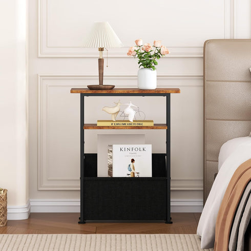 3 Yusong Narrow Side Table for Small Spaces, Skinny End Table with Storage Basket, Tier Slim Sofa Couch Bedside Table
