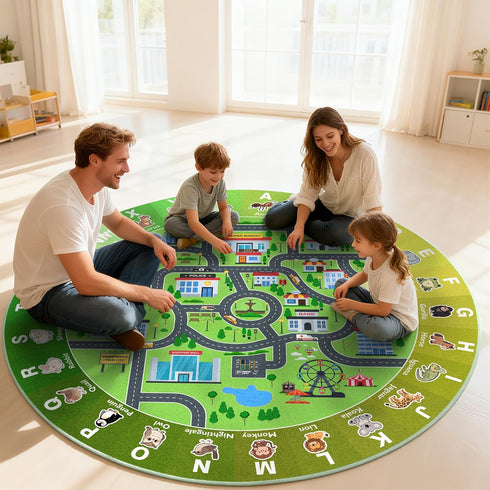 Mat,47x47'' Kids City Road Car Play Rug Round ABC Alphabet Educational Play Non-Slip Town City Map Kids Rug for Bedroom