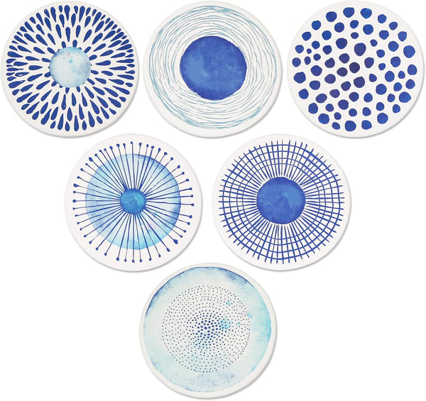 AD Set of 6 Round Ceramic Coasters for Drinks, Absorbing with Cork Base, Tabletop Protection Mat (Blue Watercolor