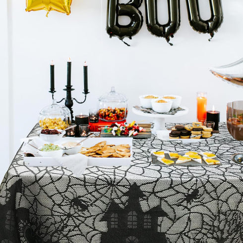 Halloween Tablecloth - Gothic Black Lace Spider Web Table Cover for Masquerade, Dinner Party, 53x68 Inches