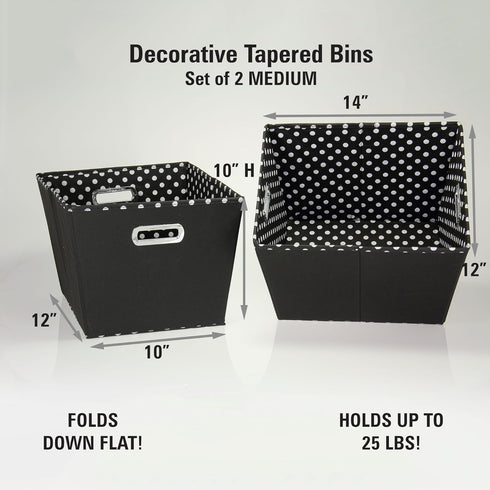 19KDBLK-1 2 Pack Set Household Essentials Medium Tapered Decorative Storage Bins | Cubby Baskets | Black and White