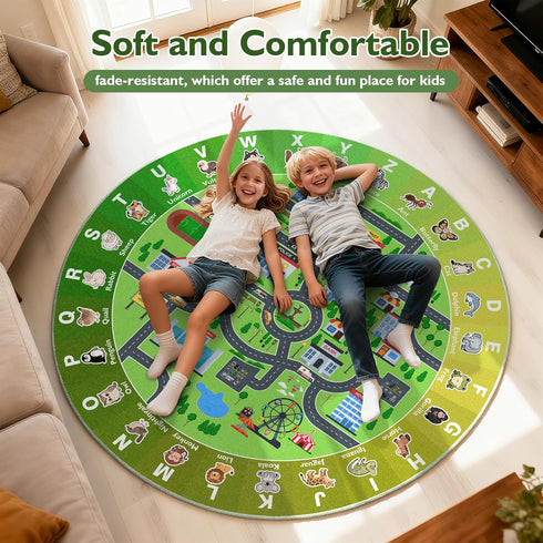 Mat,47x47'' Kids City Road Car Play Rug Round ABC Alphabet Educational Play Non-Slip Town City Map Kids Rug for Bedroom