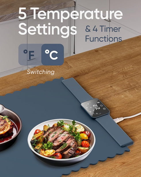 24x16 5 Settings Warming Mat for Food Foldable Buffet Tray with Temperature & Auto Timer Electric Silicone Plate Warmer