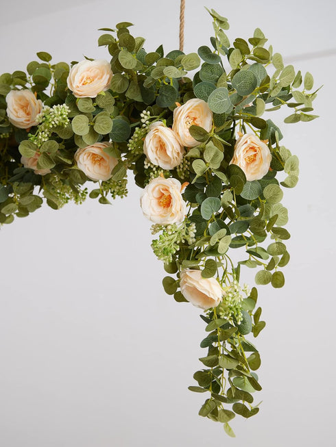 PARTY JOY 6.56ft Eucalyptus Garland with 8 Champagne Roses, Lush Floral Greenery for Party Wedding Decor