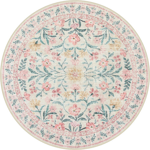 4ft, Lahome Sylvie Boho Light Pink Round Rug Washable Small Circle Rugs for Bedroom Kids, Pink and Green Nursery