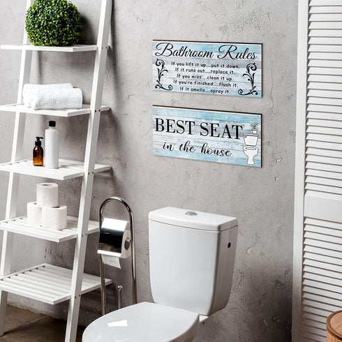 Jetec 2 Pieces Funny Bathroom Pictures Wall Sign Decor - Rustic Farmhouse Bathroom Rule Wall Art