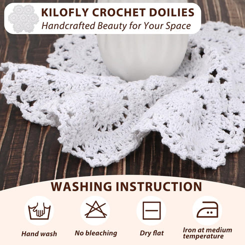 kilofly Crochet Cotton Lace Table Placemats Doilies, 4pc, White, Blossoms, 10 inch