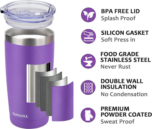 SUNWILL 20 oz Travel Coffee Tumbler, Insulated Mug with Lid, Stainless Steel Cup for Hot and Cold Drinks, Purple