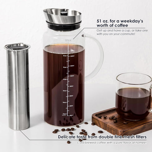 Aquach Cold Brew Coffee Iced Tea Maker & Fruit Pitcher, Large Capacity 51 Ounces with Glass Carafe and Steel Infuser