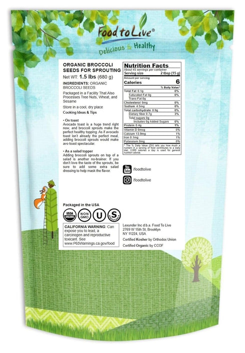 1.5 Food to Live Organic Broccoli Seeds for Sprouting, Pounds Non-GMO, Vegan, Kosher, Sirtfood, Bulk. Rich