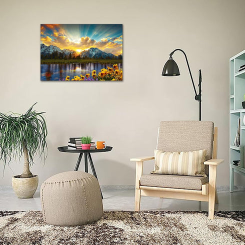 SKASNFAI Grand Teton National Park Wall Art, Sunflower Landscape Canvas Print for Living Room Framed