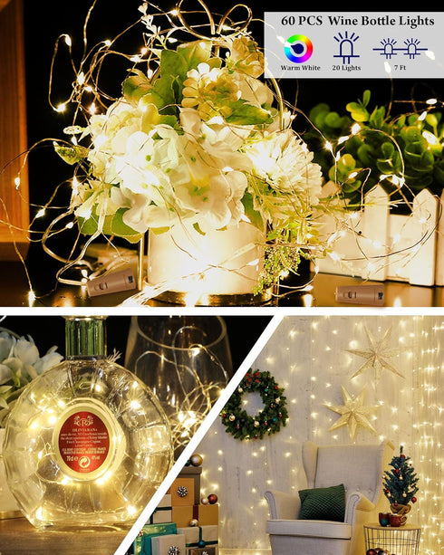 60 Pack 7 20 Hortsun Wine Bottle LED Lights with Cork Fairy Mini String Lights Battery Operated Mini Waterproof ft