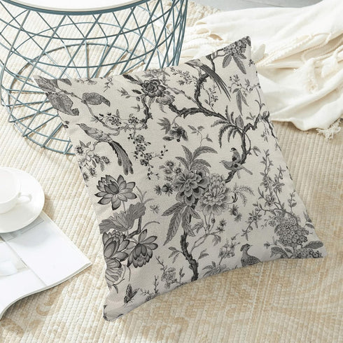 Spring Floral Birds Pillow Covers Set of 2, 18 x 18 Inch Black and White Chinoiserie Flowers Outdoor Decorative Cushion