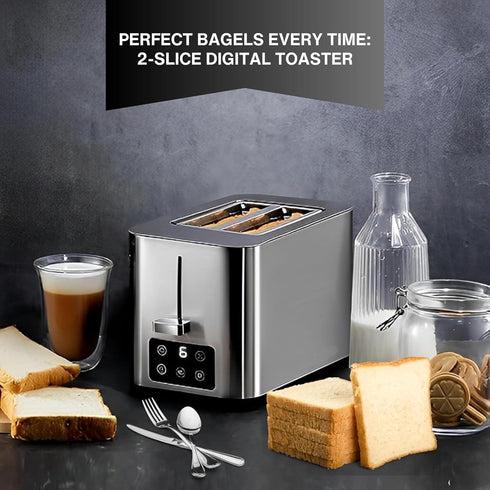 Bread Toaster 2 Slice - Touchscreen Stainless Steel Toaster with 6 Settings, LED Display, Digital Toaster for Bagels &