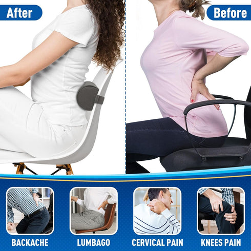 Lumbar Roll Support Pillow for Office Chair, Car, Gaming Chair, Memory Foam Back Cushion for Back Pain Relief, Grey