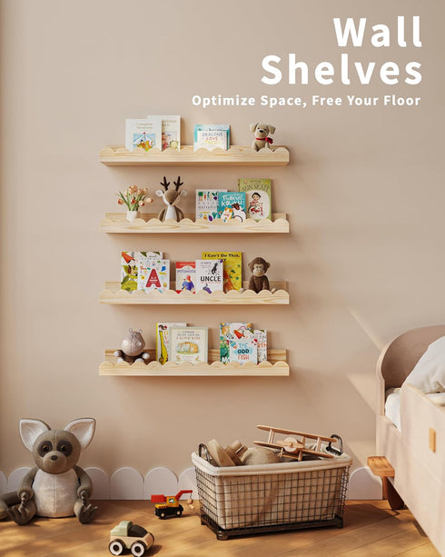 Shario 4-Pack 16.5 Inches) Nursery Book Shelves, Wood Floating Shelves for Wall Kids, Scalloped Shelves, Wall Book