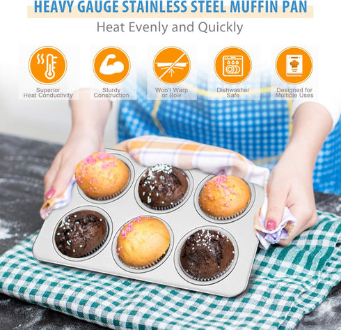 E-far Muffin Pan Set of 2, Stainless Steel 6-Cup Baking Tray, Non-toxic & Healthy, Oven & Dishwasher Safe