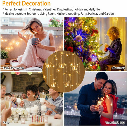 Lainin USB Powered 13FT 96 LED Curtain Lights, 16 Butterflies Twinkle Lights, 8 Modes Fairy Light Strip for Party