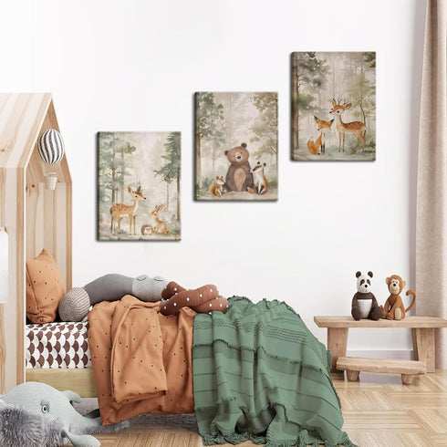 Set 3 12x16 inch Nursery Canvas Wall Art of - Woodland Wild Animals Bear Fox Deer Watercolor Paintings Pictures Wall
