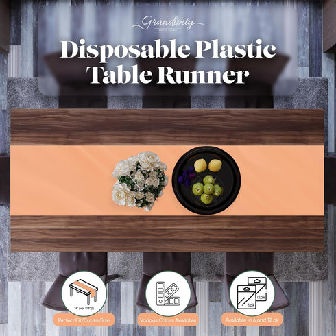 Peach 6 Pack Premium Disposable Plastic Table Runner, 14 x 108 Inch for Dinner Parties & Events by Grandipity