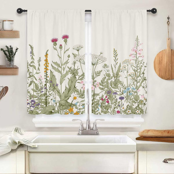 Riyidecor Light Green Leave Plant Small Kitchen Curtains, Floral Botanical Rod Pocket Farmhouse Cafe Treatment Fabric