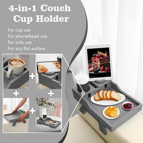 Couch Cup Holder, 4-in-1 Side Couch Arm Tray with Phone Holder, Sofa Clip on Side Table for Home Drinks and Snacks