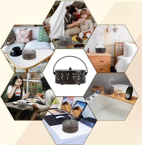 Retro Round Portable Iron Mosquito Coil Holder with Handle, Fireproof Incense Holder for Home Office